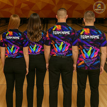 Load image into Gallery viewer, Men women bowling team wearing Neon Tornado Bowling Pins custom bowling uniforms and colorful bowling jerseys