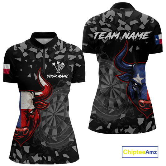 Texas Flag Bull & Dartboard Custom Grunge Women Darts 1/4-Zip Shirt Patriotic Darts Team Jersey NYN2716