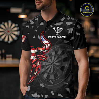 USA Flag Bull & Dartboard Custom Grunge Men Darts Polo Shirt Patriotic Darts Team Jersey NYN2717