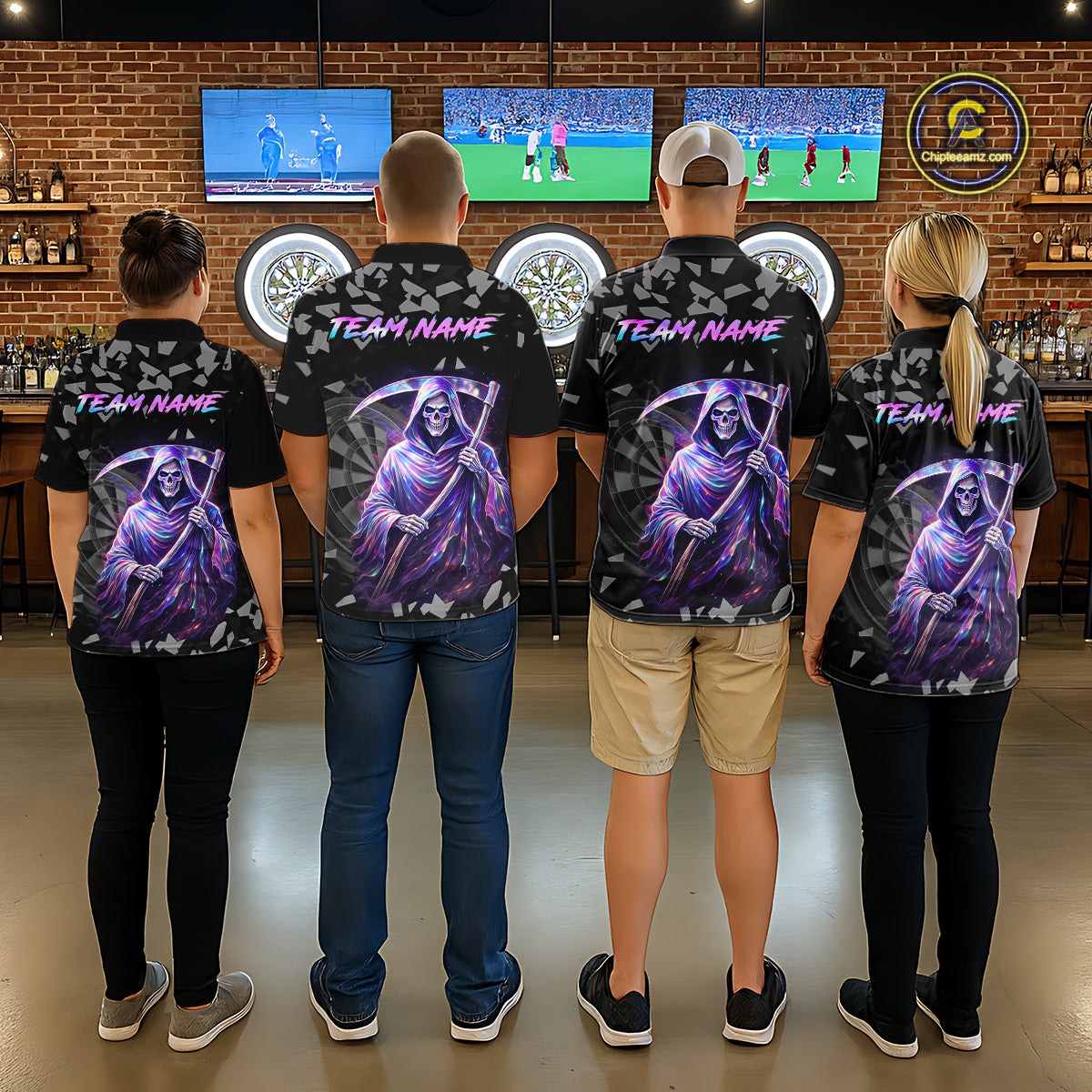 Holographic Grim Reaper Smoke Dartboard Custom Women Darts Polo Shirt Dart Team Jersey NYN2720