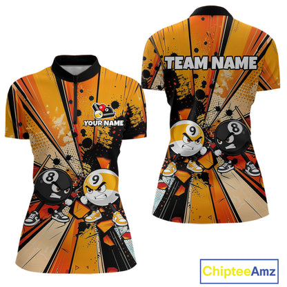 Funny 8 Ball & 9 Ball Quarter-Zip Billiard Shirt featuring custom team graphics, quick-dry athletic jersey, playful cue sports artwork, tournament apparel.
