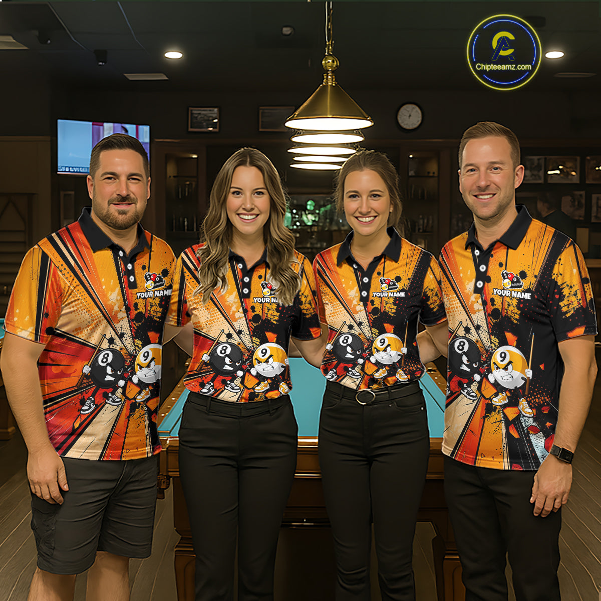 Billiard team wearing matching Funny 8 Ball & 9 Ball jerseys, personalized names, league champions, corporate team building, friendship, humor, teamwork, community spirit, custom cue sports apparel.
