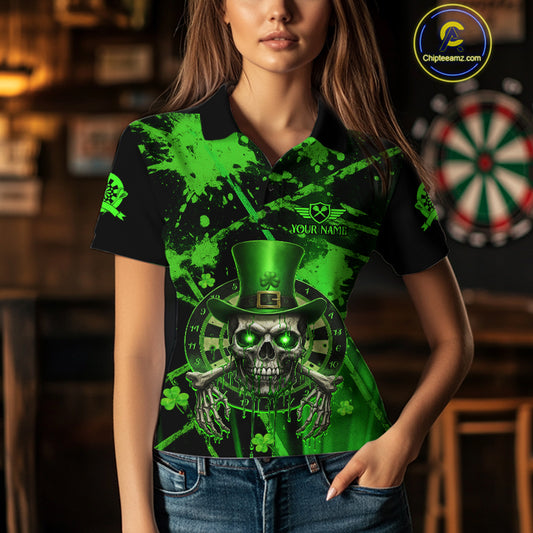Custom Green Grunge St Patricks Day Women Darts Polo Shirt Skull Leprechaun Darts Jersey NYN1971