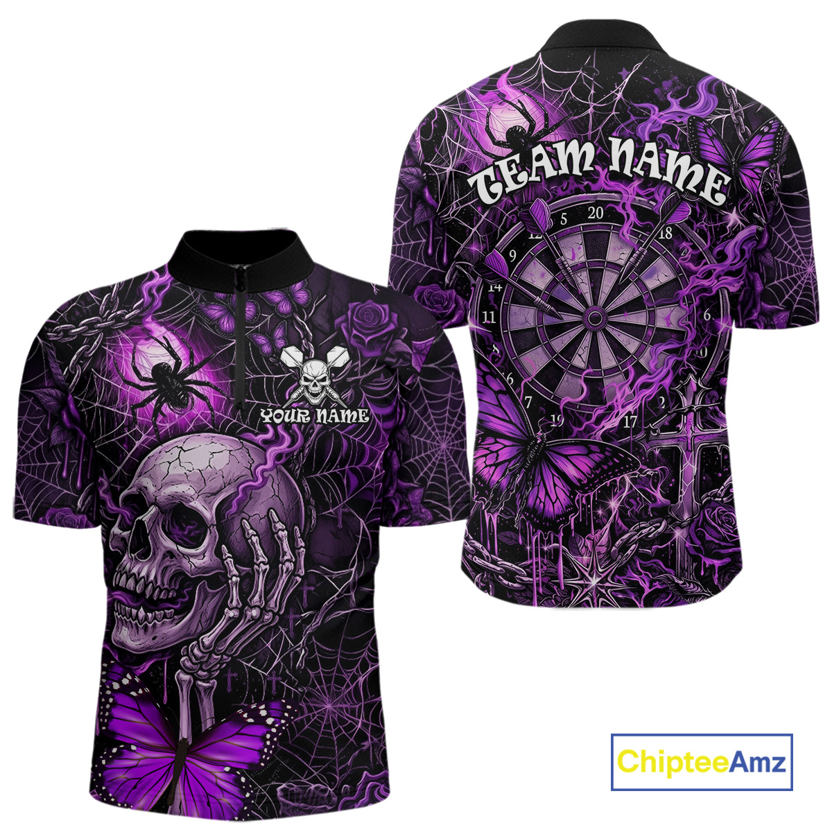 Custom Purple Skull Butterfly Mens Dart Shirts Spider Smoke Dartboard Darts Polo & 1/4-Zip Jerseys NYN3076