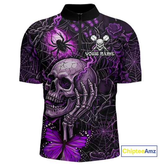 Custom Purple Skull Butterfly Mens Dart Shirts Spider Smoke Dartboard Darts Polo & 1/4-Zip Jerseys NYN3076