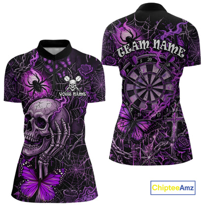 Custom Purple Skull Butterfly Women Dart Shirts Spider Smoke Dartboard Darts Polo & 1/4-Zip Jerseys NYN3076