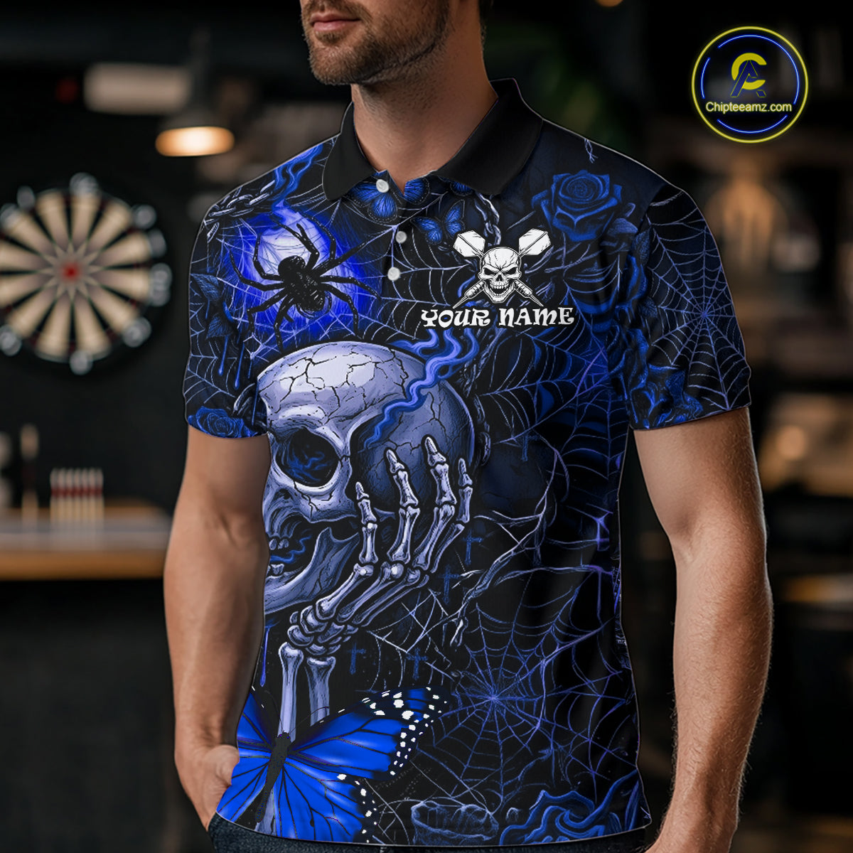 Custom Blue Skull Butterfly Mens Dart Shirts Spider Smoke Dartboard Darts Polo & 1/4-Zip Jerseys NYN3077