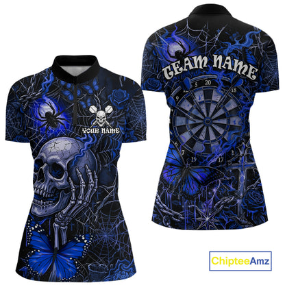 Custom Blue Skull Butterfly Women Dart Shirts Spider Smoke Dartboard Darts Polo & 1/4-Zip Jerseys NYN3077
