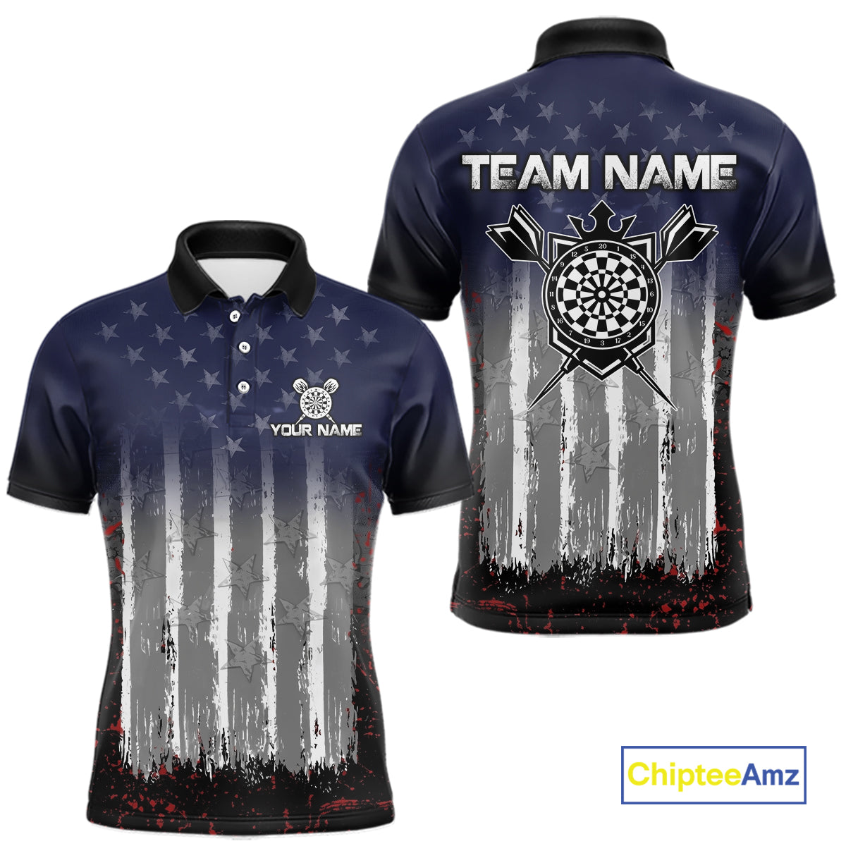 Gray, Blue And Red Grunge US Flag Darts Polo & 1/4-Zip Shirt Custom Patriotic Dart Jersey For Men NYN3081