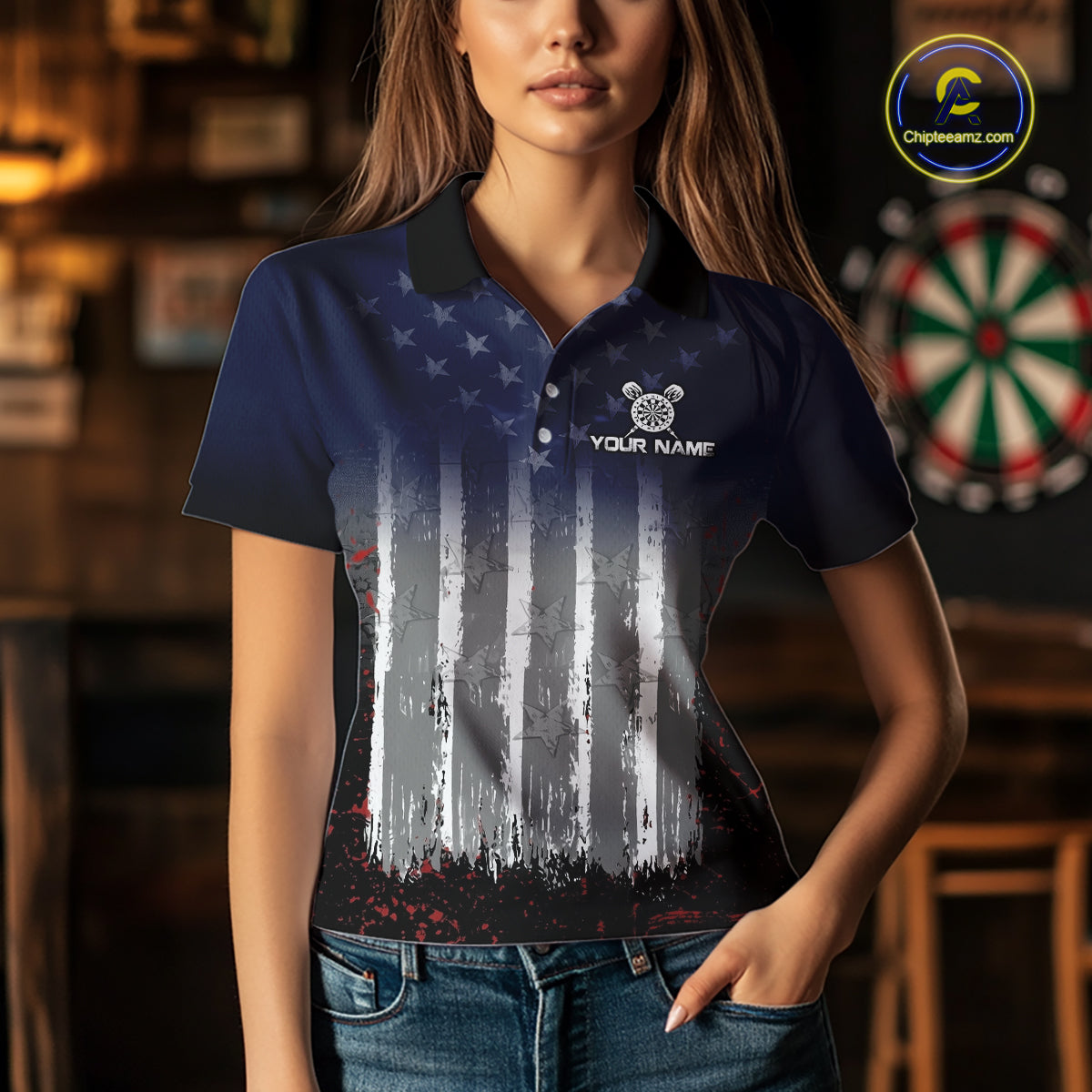 Gray, Blue And Red Grunge US Flag Darts Polo & 1/4-Zip Shirt Custom Patriotic Dart Jersey For Women NYN3081