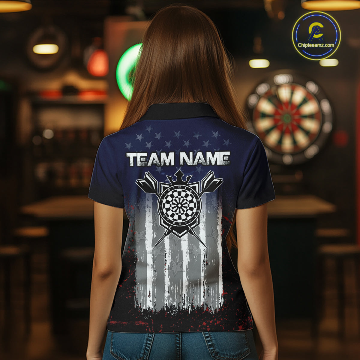 Gray, Blue And Red Grunge US Flag Darts Polo & 1/4-Zip Shirt Custom Patriotic Dart Jersey For Women NYN3081