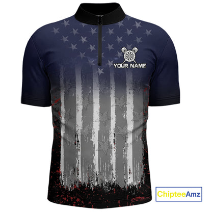 Gray, Blue And Red Grunge US Flag Darts Polo & 1/4-Zip Shirt Custom Patriotic Dart Jersey For Men NYN3081