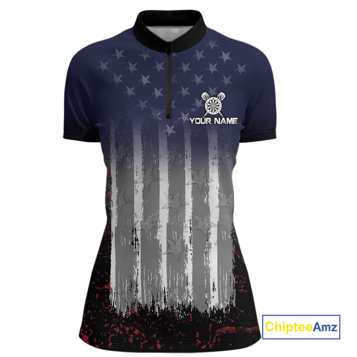 Gray, Blue And Red Grunge US Flag Darts Polo & 1/4-Zip Shirt Custom Patriotic Dart Jersey For Women NYN3081