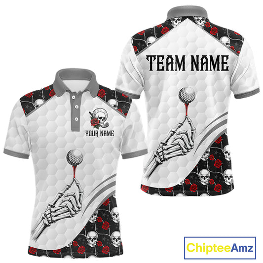 Red Roses Skull Pattern Golf Polo Shirts For Men Custom Bone Hand Golf Team Tournament NYN3254