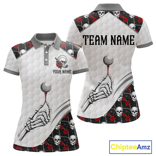 Red Roses Skull Pattern Golf Polo Shirts For Women Custom Bone Hand Golf Team Tournament NYN3254