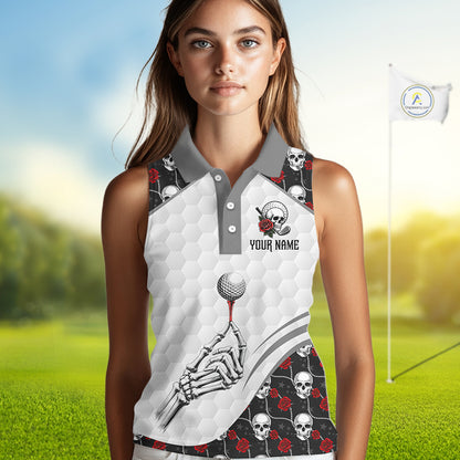 Red Roses Skull Pattern Golf Sleeveless Polo Shirts For Women Custom Bone Hand Golf Team Tournament NYN3254