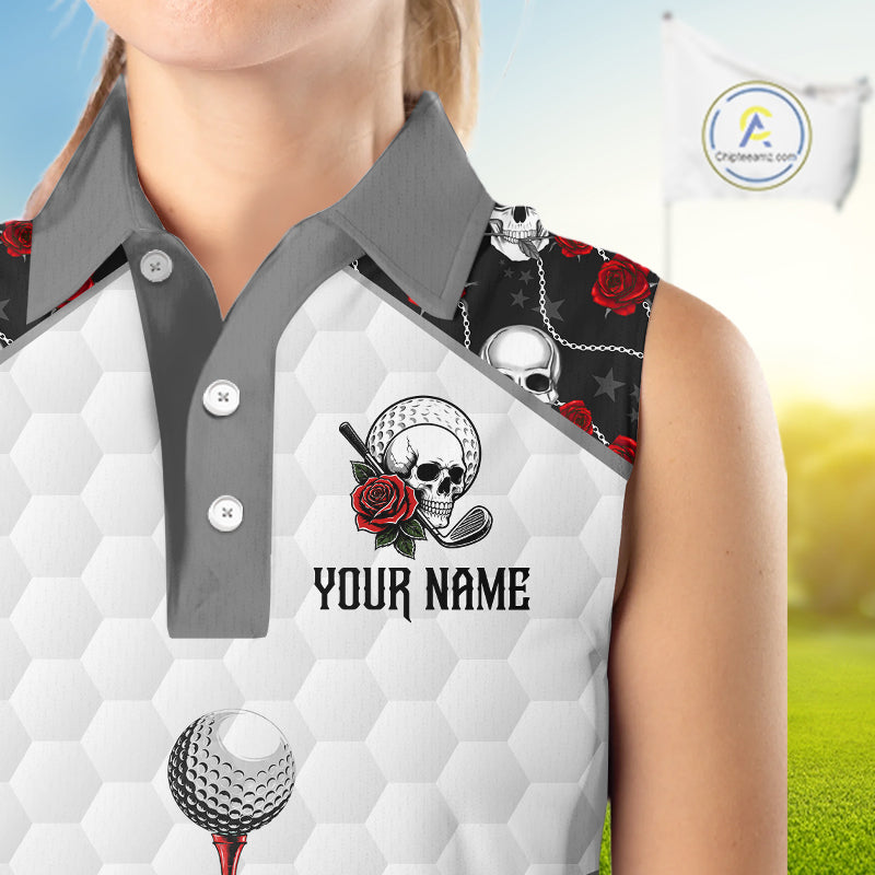 Red Roses Skull Pattern Golf Sleeveless Polo Shirts For Women Custom Bone Hand Golf Team Tournament NYN3254