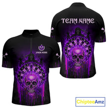 Load image into Gallery viewer, Custom Purple Flames Grim Reaper Dartboard Men Darts Polo Shirt Rose Skulls Darts Jersey NYN1976