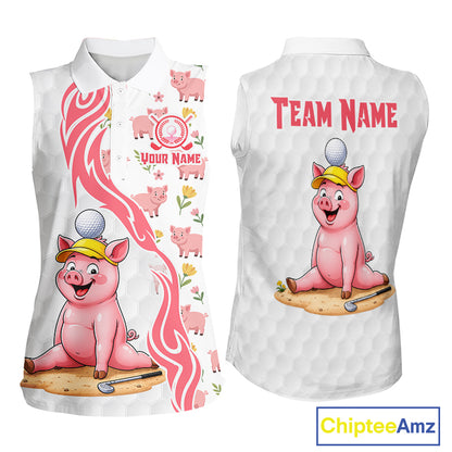Pink and White Glitter Pig Women's Sleeveless Golf Polo mockup featuring sparkling pig mascot, personalized golf apparel, custom golf team shirt, glitter golf clothing, farmhouse golf fashion, performance sleeveless polo.