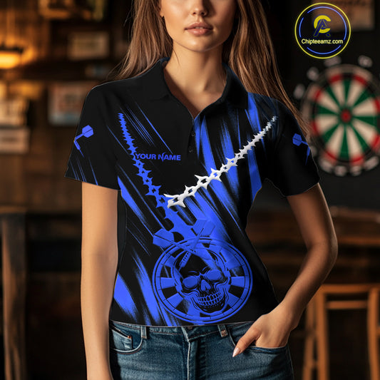 Custom White Chain Blue Skull Dartboard Dart Women Polo Jerseys Grunge Dart Shirt NYN1718