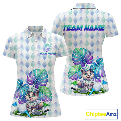Funny Womens Golf Polo Shirt Holographic Argyle Monstera Golf Ball Personalized Raccoon Golf Shirts NYN3094