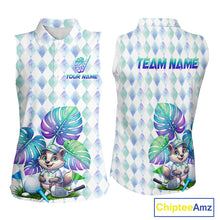 Load image into Gallery viewer, Funny Womens Golf Sleeveless Polo Shirt Holographic Argyle Monstera Golf Ball Personalized Raccoon Golf Shirts NYN3094