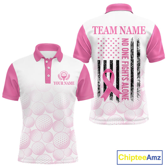 Pink Ribbon Breast Cancer Awareness Mens Polo Shirt Custom US Flag Patriotic Golf Shirt For Men NYN3099