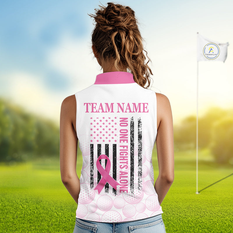 Pink Ribbon Breast Cancer Awareness Womens Sleeveless Polo Shirt Custom US Flag Patriotic Golf Shirt For Women NYN3099