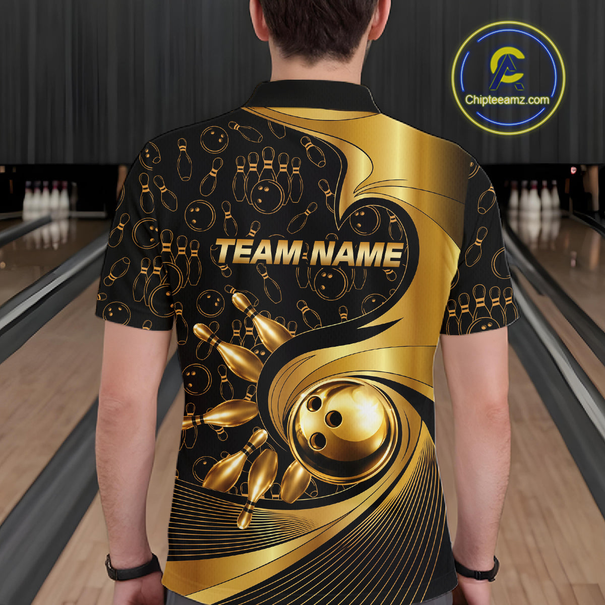 Black And Gold Strikes Bowling Ball & Pins Shirt For Men Custom Bowling Team Attire NYN3275