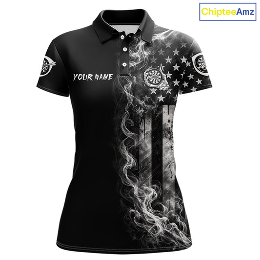 White Smokes American Flag Skeleton women's patriotic darts polo shirt, USA dart jersey, custom patriotic dart team apparel