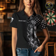 Load image into Gallery viewer, Female darts player wearing American Flag Skeleton patriotic dart jersey during league and national tournament events