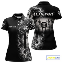 Load image into Gallery viewer, White Smokes American Flag Skeleton women's patriotic darts polo shirt, USA dart jersey, custom patriotic dart team apparel