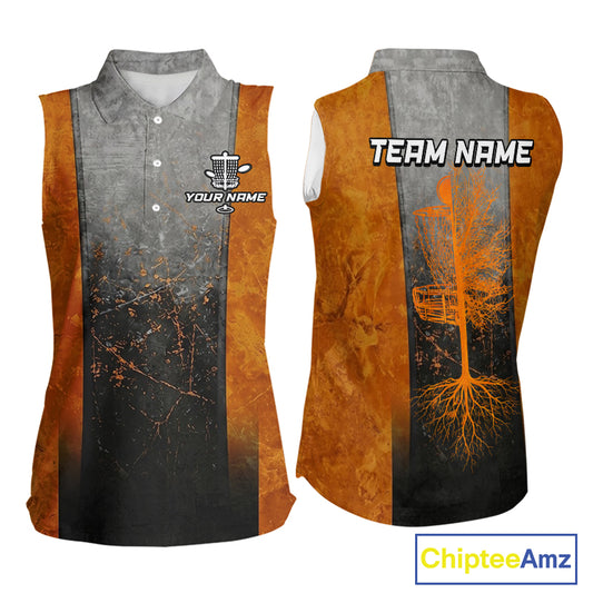 Disc Golf Basket Grunge Orange Womens Disc Golf Sleeveless Polo Shirts Custom Disc Golf Jerseys For Men NYN3112