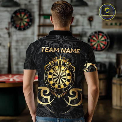 Custom Black And Gold Crown Dartboard Darts Men Polo 14-Zip Shirt, Polynesian Tribal Darts Attire NYN3119