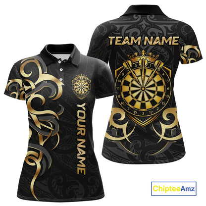 Custom Black And Gold Crown Dartboard Darts Women Polo 14-Zip Shirt, Polynesian Tribal Darts Attire NYN3119