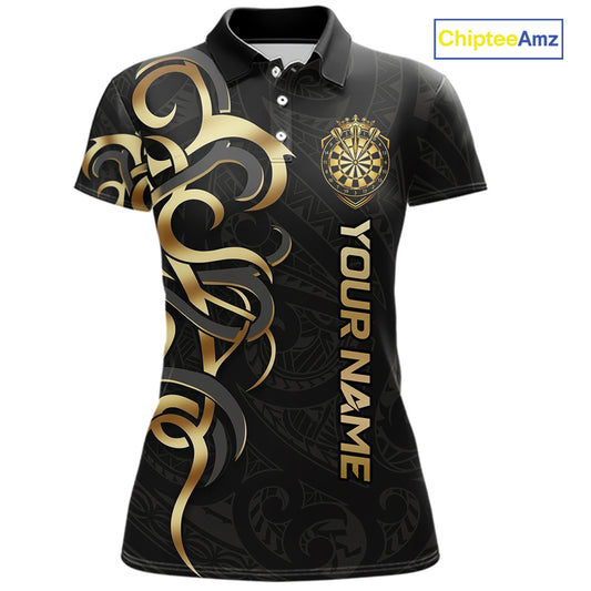 Custom Black And Gold Crown Dartboard Darts Women Polo 14-Zip Shirt, Polynesian Tribal Darts Attire NYN3119