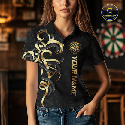 Custom Black And Gold Crown Dartboard Darts Women Polo 14-Zip Shirt, Polynesian Tribal Darts Attire NYN3119
