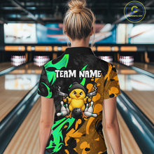 Load image into Gallery viewer, Funny Cute Duck Gun Women Bowling Shirt Custom Yellow &amp; Green Grunge Bowling Team Attire NYN3280