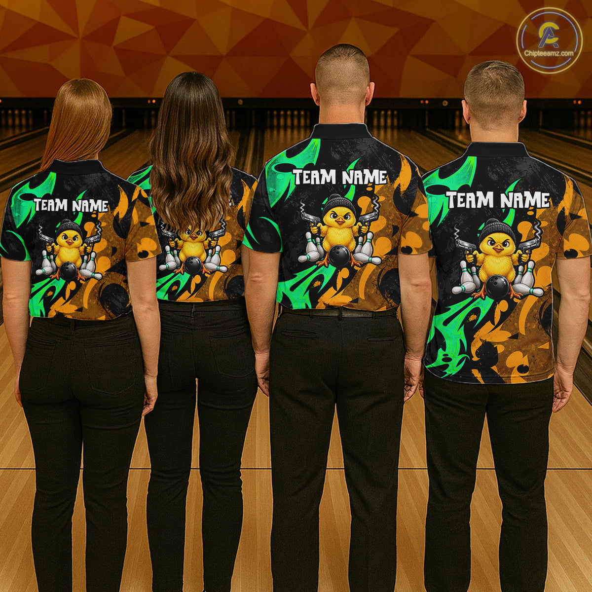 Funny Cute Duck Gun Women Bowling Shirt Custom Yellow & Green Grunge Bowling Team Attire NYN3280