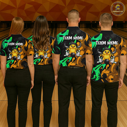 Funny Cute Duck Gun Women Bowling Shirt Custom Yellow & Green Grunge Bowling Team Attire NYN3280