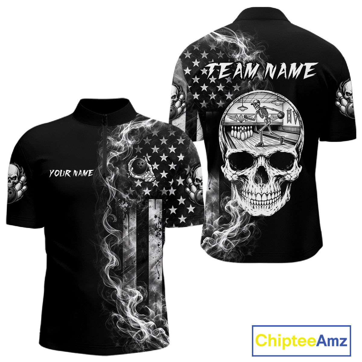 Smoke American Flag Men Bowling 1/4-Zip Shirt Custom Skeleton Youth Bowling Outfits