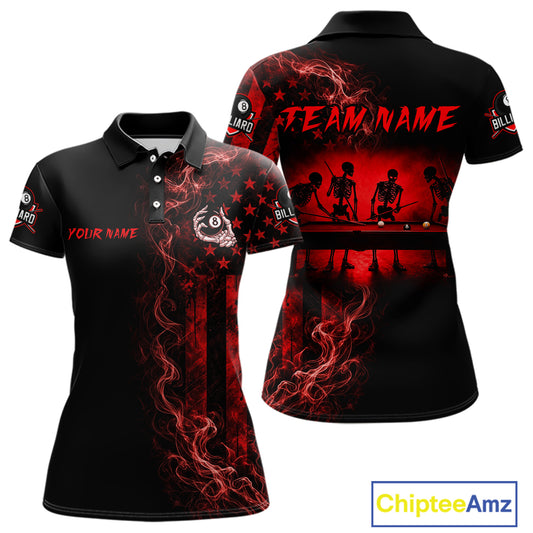 Red smoke American flag billiard polo shirt with 8 ball skeleton design for women