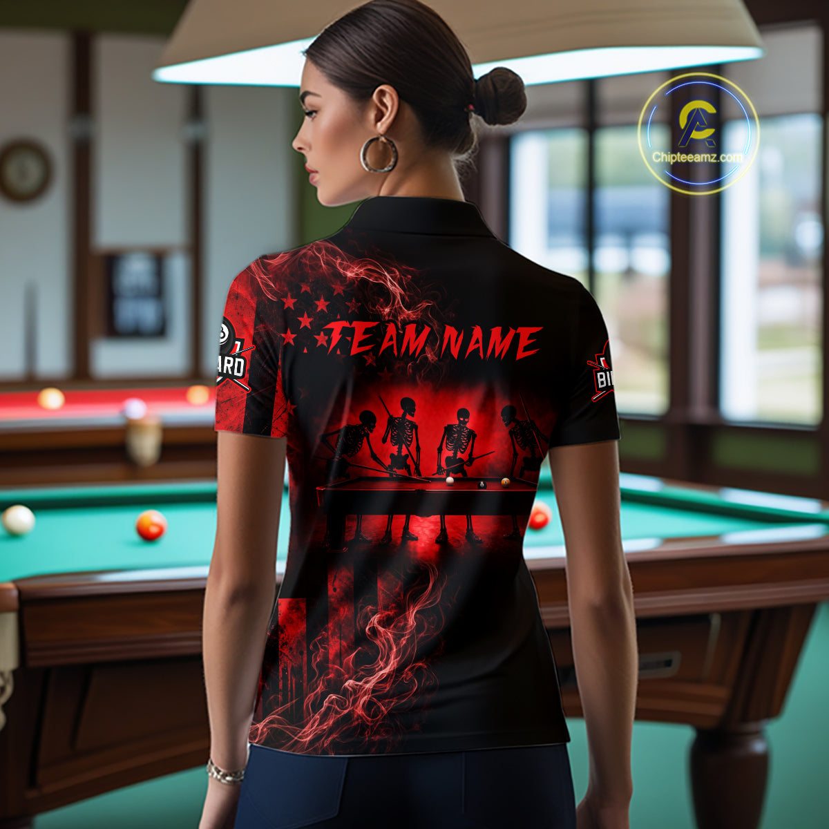 Red Smokes American Flag 8 Ball Billiard Pool Shirt For Women Custom Billiard Skeleton Team Appeal NYN3287