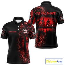 Load image into Gallery viewer, Red smoke American flag billiard polo shirt with 8 ball skeleton design for men