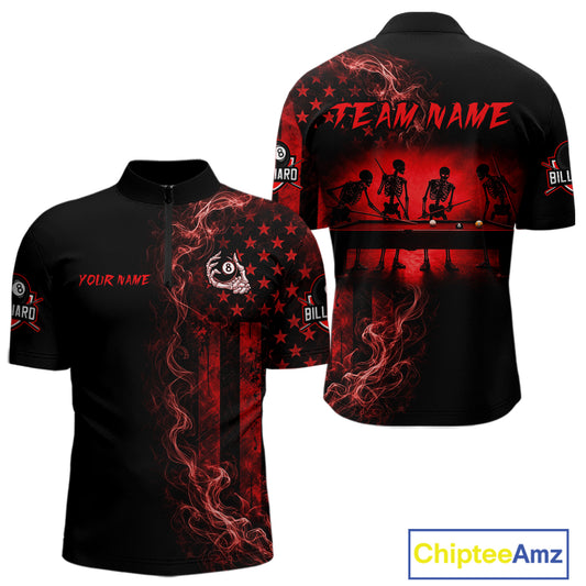 Red smoke American flag billiard quarter-zip shirt with 8 ball skeleton design for men