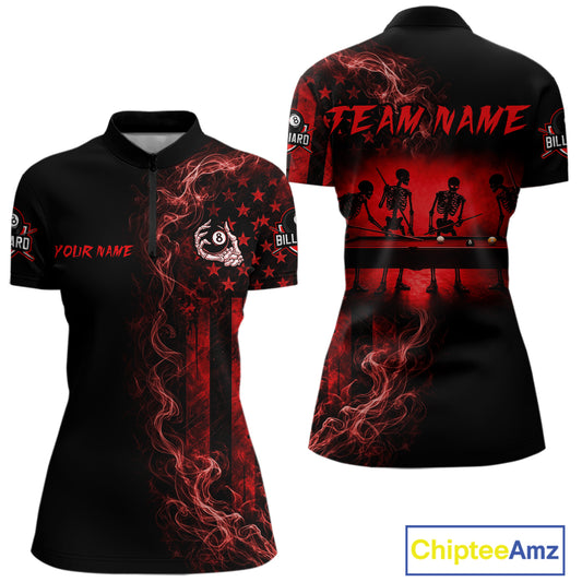 Red smoke American flag billiard 1/4-zip shirt with 8 ball skeleton design for women
