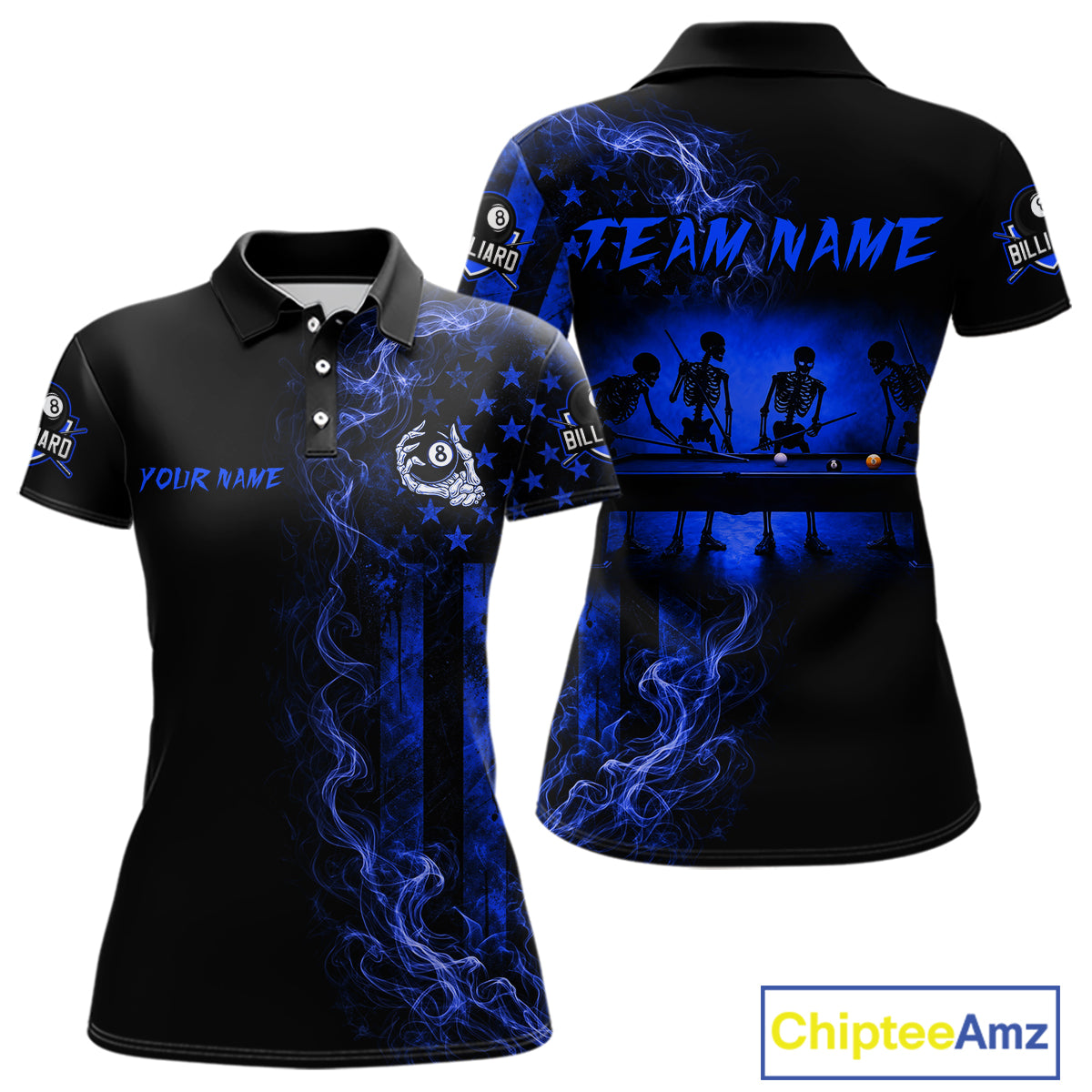 Blue smoke American flag 8 ball billiard polo shirt for women with skeleton graphic