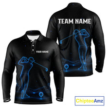 Load image into Gallery viewer, Men's personalized black and galaxy blue golf long sleeves polo shirt, matching couples golf shirt, custom golf apparel, men's golf team uniform