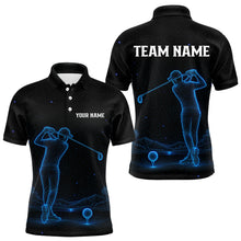 Load image into Gallery viewer, Men's personalized black and galaxy blue golf polo shirt, matching couples golf shirt, custom golf apparel, men's golf team uniform
