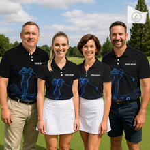 Load image into Gallery viewer, Men women golf team wearing matching galaxy blue golf polo shirts, personalized golf team uniforms, custom golf apparel